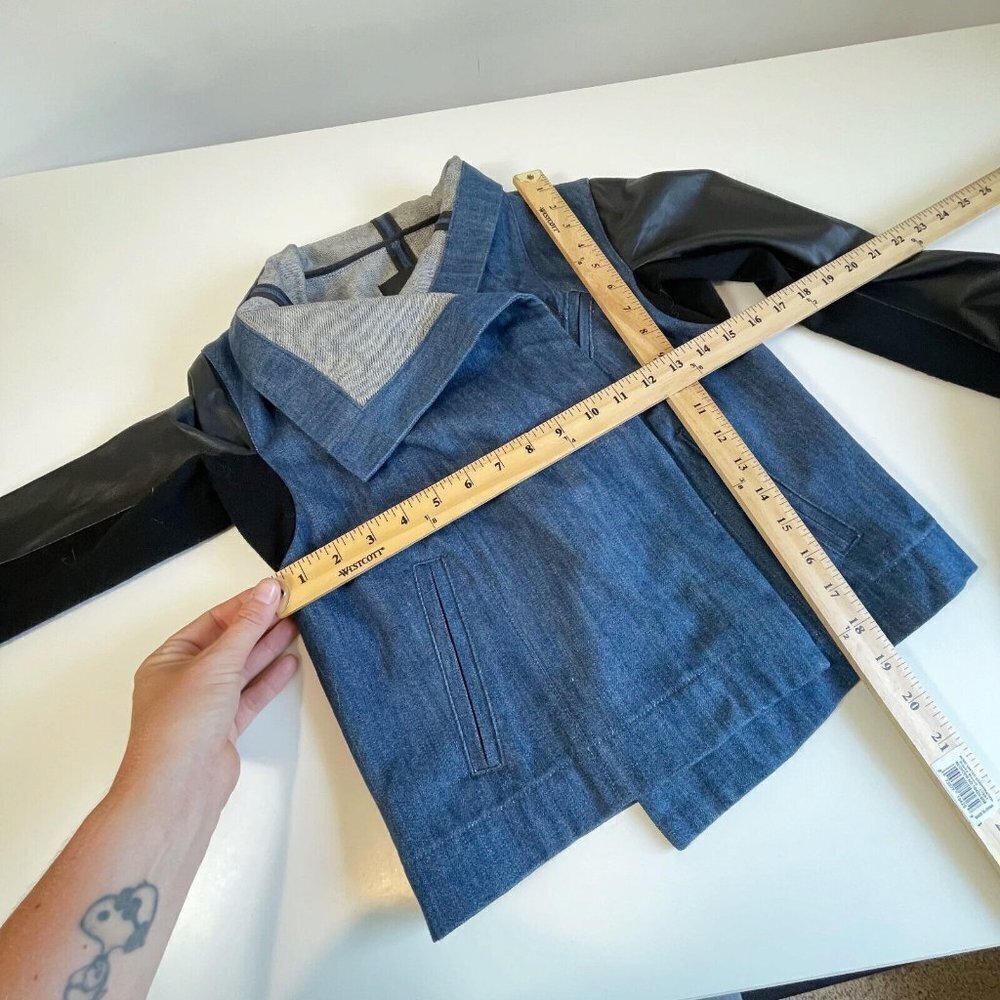 Veda Womens Moto Denim Jacket Leather Sleeve Blue‎ S Wool Waterfall Blazer Crop - Picture 6 of 6